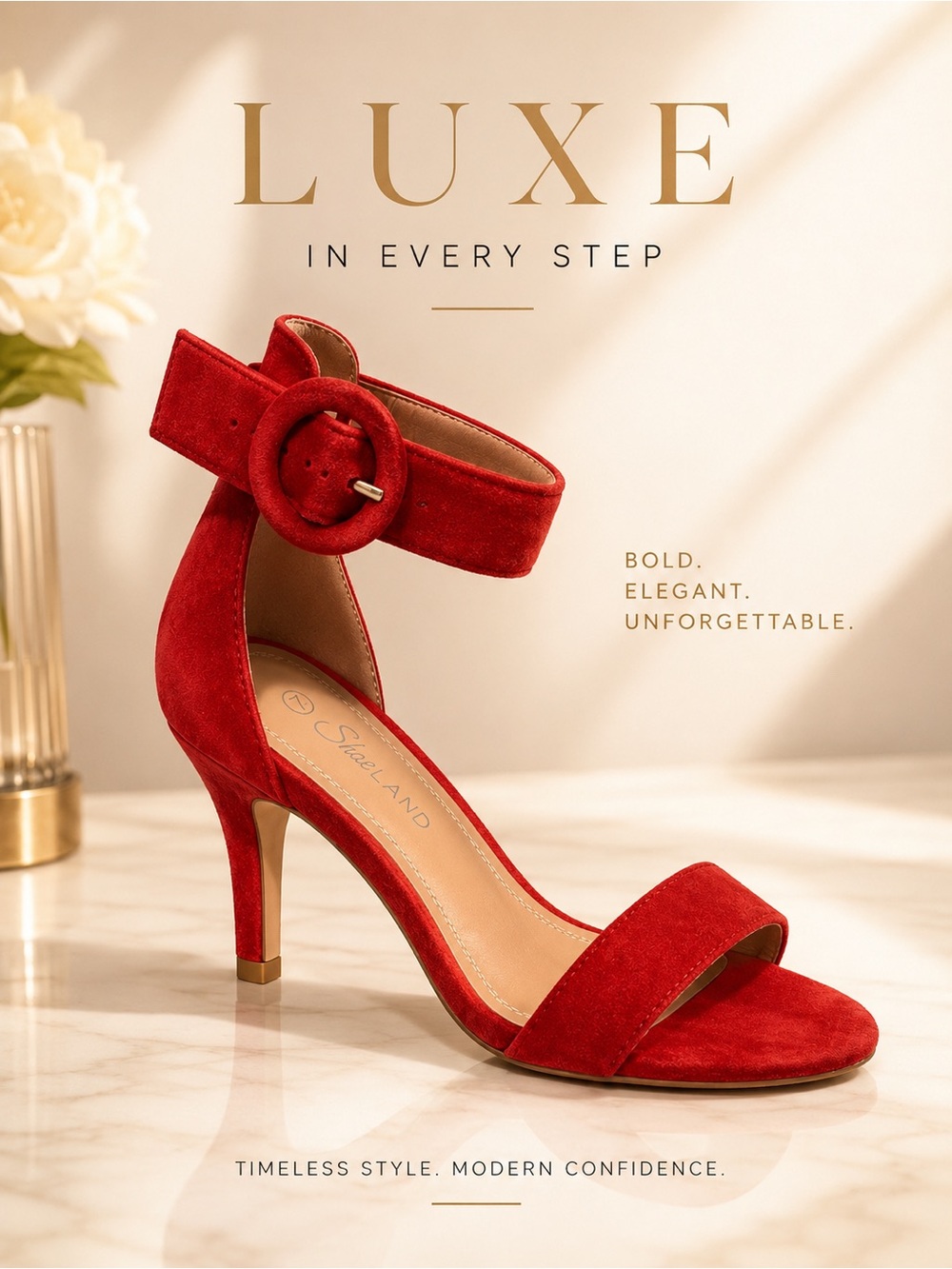 🔥 Shoe Land Red Suede Ankle Strap Heels / Size 7 / Luxe Statement Sandals ❤️👠